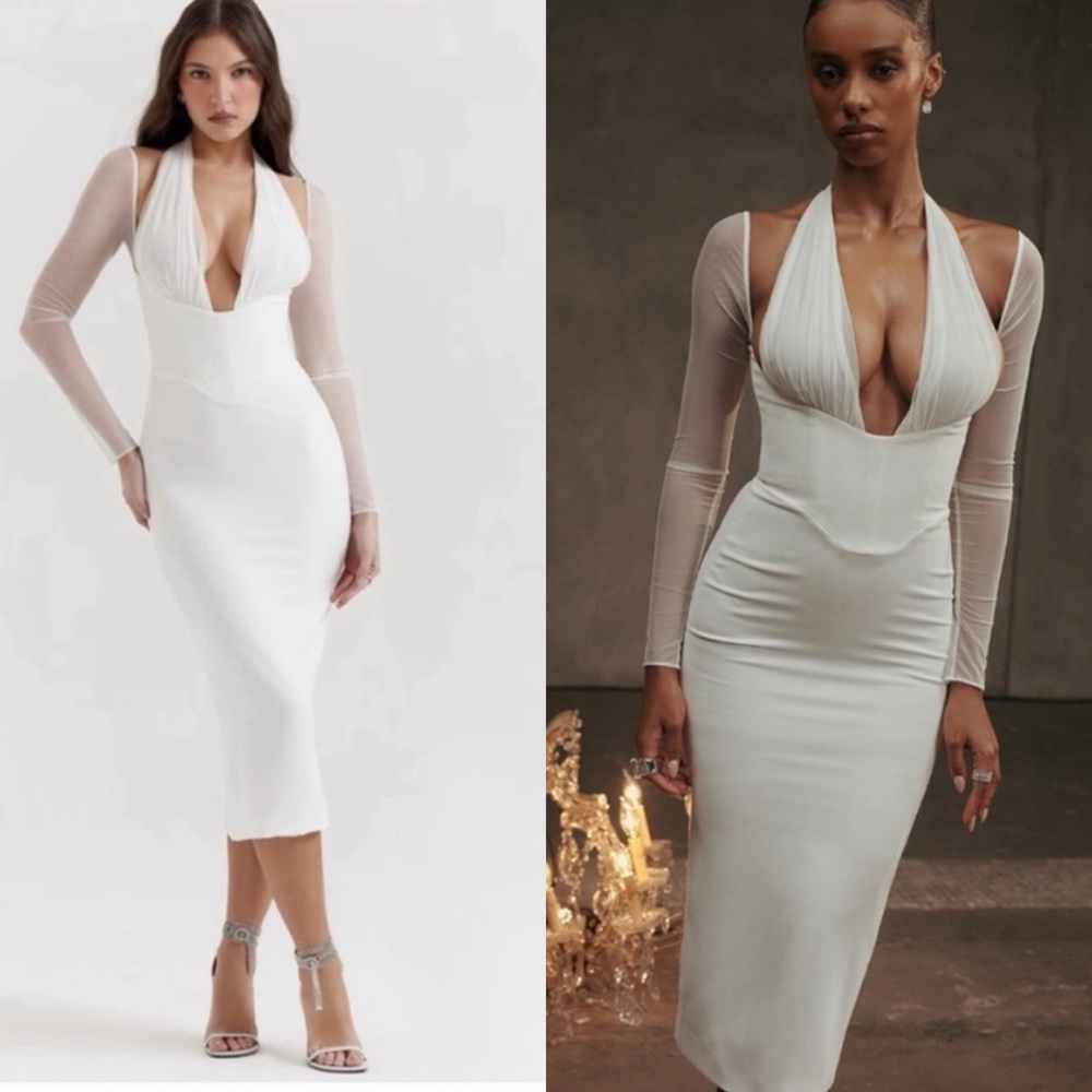 House‎ of CB Yasmin White Plunge Midi Dress Long Sleeve  NWOT Size XS